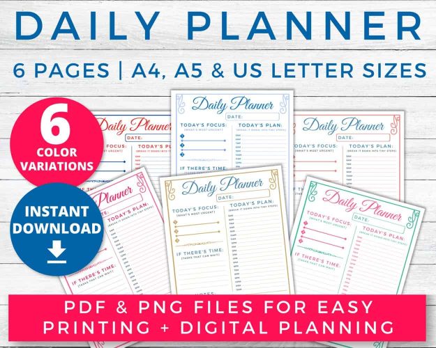 Daily Planner Printable Organizer with Multiple Colors & Schedule