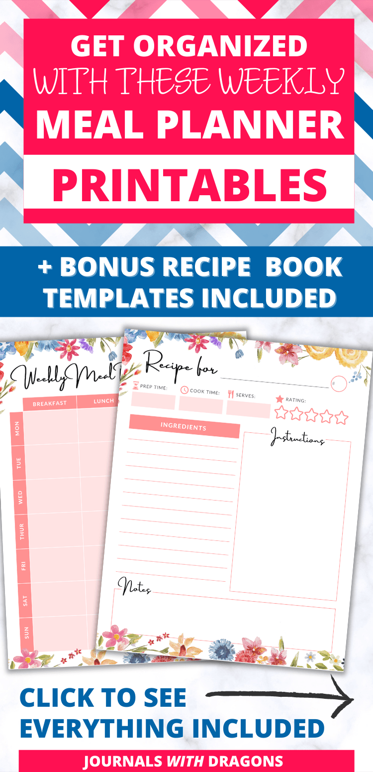 Weekly Meal Planner, Recipe & Grocery List Template Printable Kit