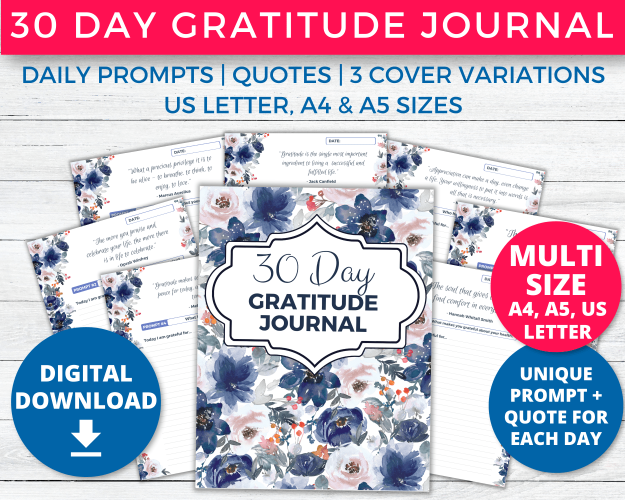 30 Day Gratitude Journal preview with a blue floral background