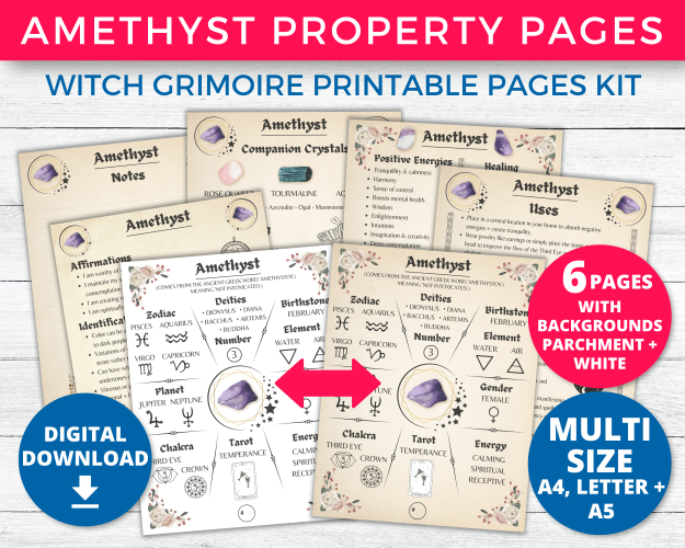 Amethyst crystal meaning properties and uses Witch grimoire pages printable