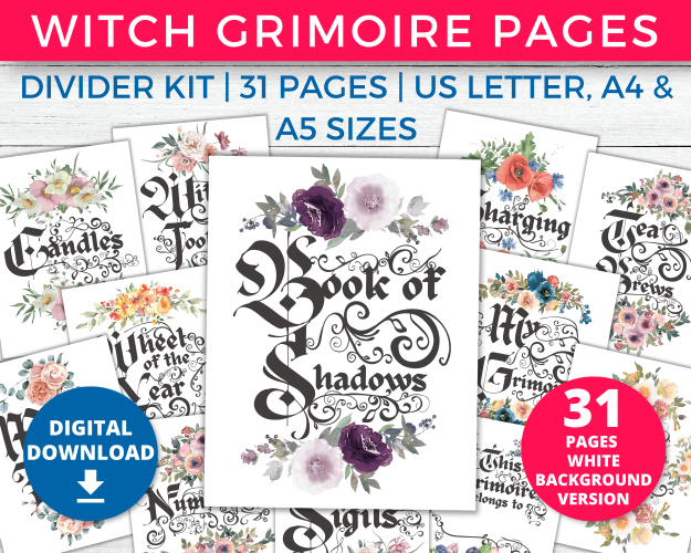 Witch Planner Dividers For Book Of Shadows and Grimoire Pages Printables with a white background