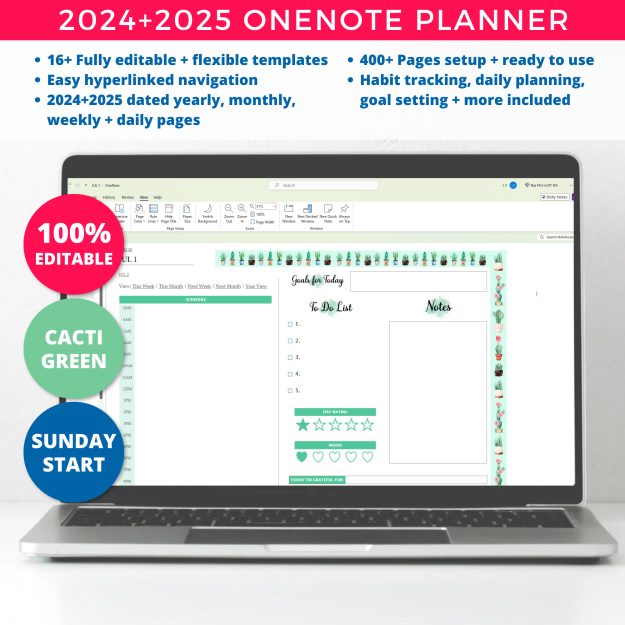 Cacti Green Editable Onenote Planner Template for 2024 2025 - Digital Planner OneNote Templates