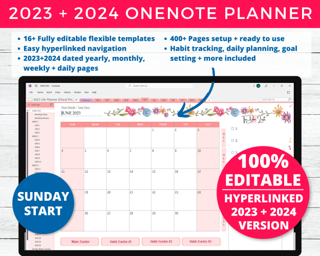 Editable OneNote Digital Planner - 2023 + 2024 (Floral Pink Template)