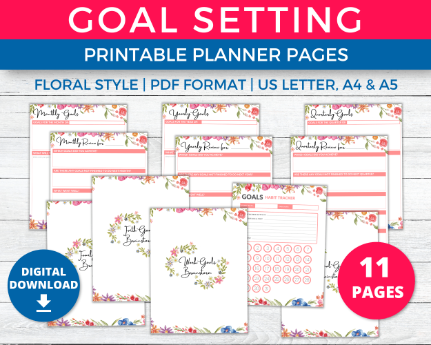 Goal Setting Printable Planner Pages In A Pink Floral Aesthetic Design