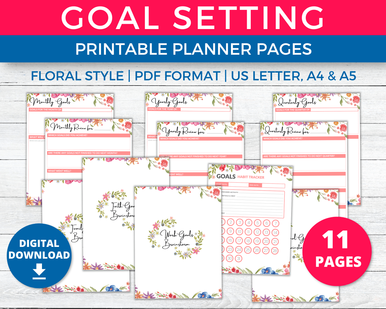 Goal Setting Printable Planner Pages In A Pink Floral Aesthetic Design