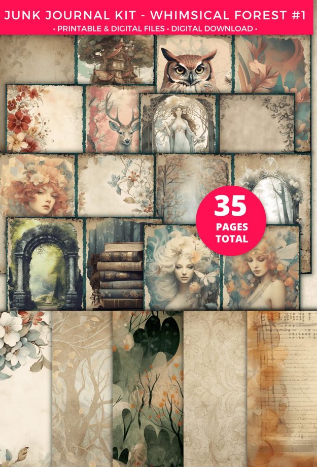 Digital / Printable Scrapbooking Kit & Junk Journal Pages Ephemera with Whimsical Forest Theme