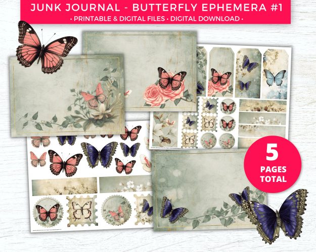 Butterfly Junk Journals & Printable Scrapbooking Ephemera Kit