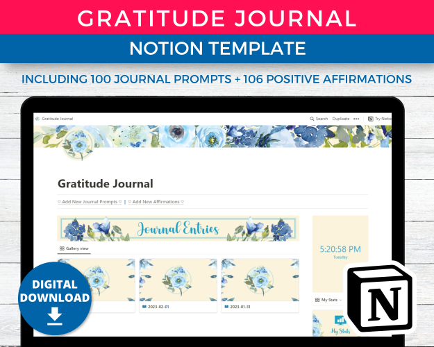 Gratitude Journal converted to a Notion Journal Template Aesthetic