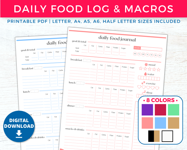 Printable Daily Food Diary Template - Calorie & Macro Tracker Log